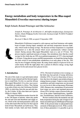 Energy Metabolism and Body Temperature in the Blue-Naped Mousebird (Urocolius Macrourus) During Torpor