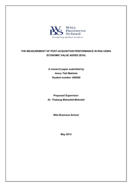 The Measurement of Post-Acquisition Performance in Rsa Using Economic Value Added (Eva)