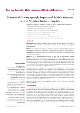 Patterns of Otolaryngologic Sequelae of Suicide Attempts Seen in Nigerian Tertiary Hospitals