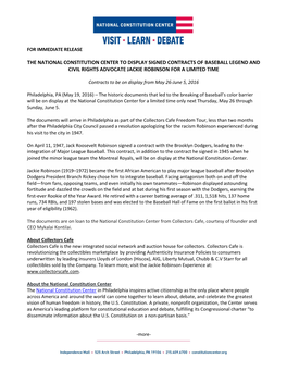 The National Constitution Center to Display Signed Contracts of Baseball Legend and Civil Rights Advocate Jackie Robinson for a Limited Time