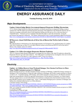 Energy Assurance Daily, June 22, 2010