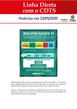 O Piauí Registrou Mais 132 Casos E Oito Mortes Por Covid-19 Neste Sábado, 23