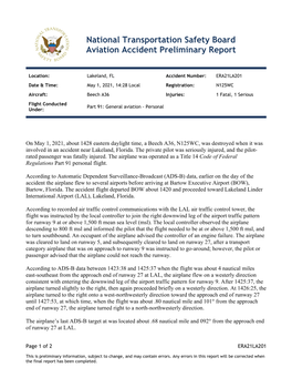 National Transportation Safety Board Aviation Accident Preliminary Report