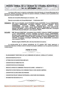 Procès-Verbal De La Séance Du Conseil Municipal Du 21 Décembre 2011