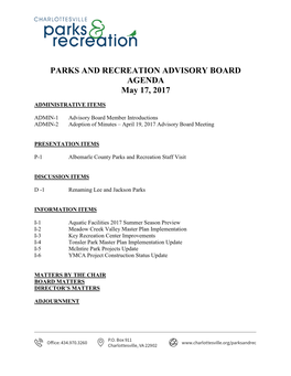 PARKS and RECREATION ADVISORY BOARD AGENDA May 17, 2017
