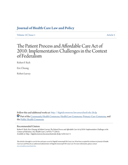 The Patient Process and Affordable Care Act of 2010: Implementation Challenges in the Context of Federalism, 16 J