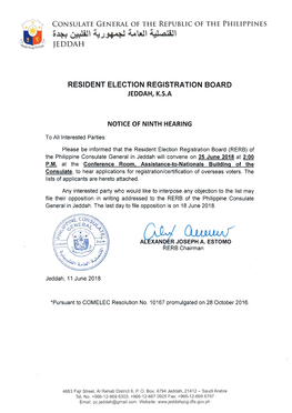 Notice of Ninth Hearing