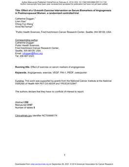 Title: Effect of a 12-Month Exercise Intervention on Serum Biomarkers of Angiogenesis in Postmenopausal Women: a Randomized Controlled Trial