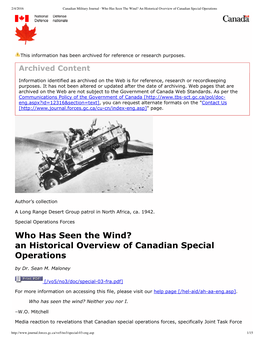 Canadian Military Journal · Who Has Seen the Wind? an Historical Overview of Canadian Special Operations