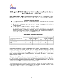 DS Reports 2008 First Quarter Software Revenue Growth Above 14% in Constant Currencies