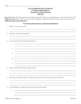 AP ENVIRONMENTAL SCIENCE SUMMER ASSIGNMENT CLASSICAL HIGH SCHOOL 2020-2021 Instruction: Print the Following Packet and Complete All Questions