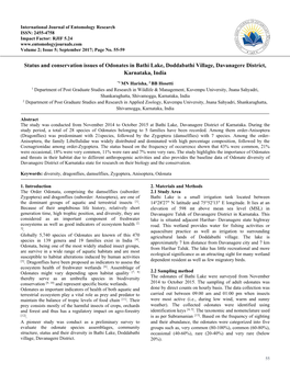 Status and Conservation Issues of Odonates in Bathi Lake, Doddabathi Village, Davanagere District, Karnataka, India