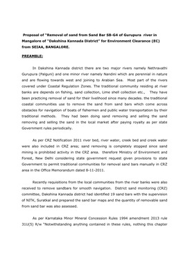 Proposal of “Removal of Sand from Sand Bar SB-G4 of Gurupura River in Mangalore of “Dakshina Kannada District” for Environment Clearance (EC) from SEIAA, BANGALORE