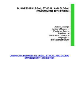 Business Its Legal, Ethical, and Global Environment 10Th Edition