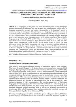 MULTILINGUALISM in SINGAPORE: the ETHNOLINGUISTIC VITALITY of ITS MAJORITY and MINORITY LANGUAGES Lect