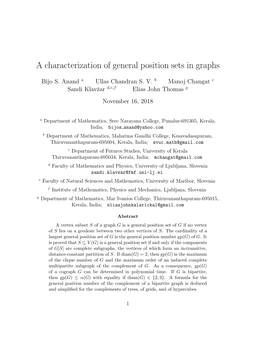 A Characterization of General Position Sets in Graphs