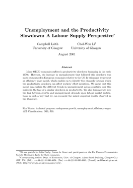 Unemployment and the Productivity Slowdown: a Labour Supply Perspective∗