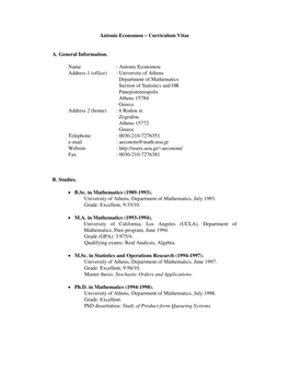 Antonis Economou – Curriculum Vitae A. General Information. Name