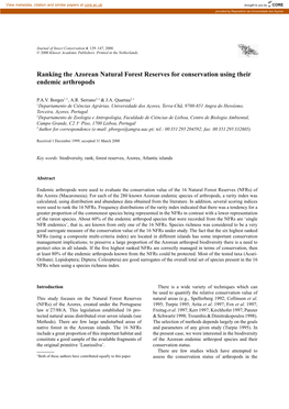 Ranking the Azorean Natural Forest Reserves for Conservation Using Their Endemic Arthropods