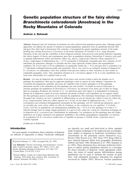 Genetic Population Structure of the Fairy Shrimp Branchinecta Coloradensis (Anostraca) in the Rocky Mountains of Colorado