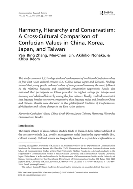 A Cross-Cultural Comparison of Confucian Values in China, Korea, Japan, and Taiwan Yan Bing Zhang, Mei-Chen Lin, Akihiko Nonaka, & Khisu Beom