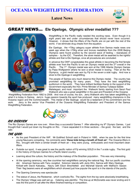 OCEANIA WEIGHTLIFTING FEDERATION Latest News August 2016