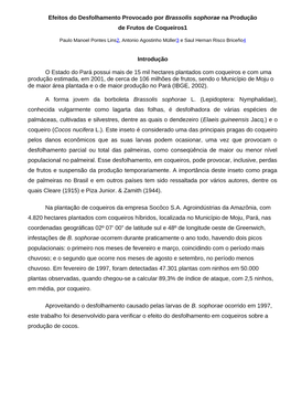 Efeitos Do Desfolhamento Provocado Por Brassolis Sophorae Na Produção De Frutos De Coqueiros1