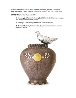 THE PTARMIGAN VASE: a MONUMENTAL COPPER, SILVER and GOLD MOKUME VASE, CIRCA 1900-05 to Be Sold at Sotheby's New York, 21Jan 2011