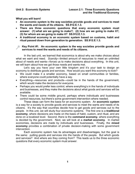 Unit 2: Economic Systems Lesson 2.1: Three Economic Questions and the Traditional Economy