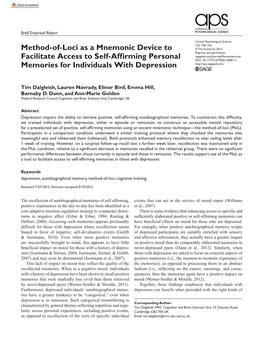 Method-Of-Loci As a Mnemonic Device to Facilitate Access to Self-Affirming Personal Memories for Individuals with Depression