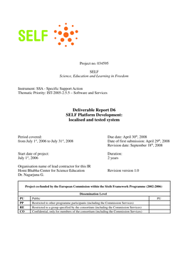 Deliverable Report D6 SELF Platform Development: Localised and Tested System