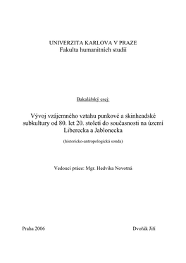 Fakulta Humanitních Studií Vývoj Vzájemného Vztahu Punkové A