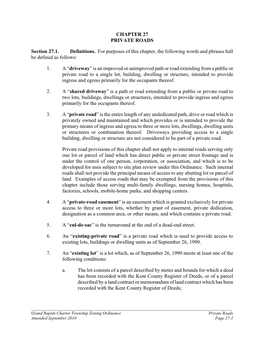 CHAPTER 27 PRIVATE ROADS Section 27.1. Definitions. for Purposes of This Chapter, the Following Words and Phrases Hall Be Define