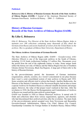 History of Russian Germans: Records of the State Archives of Odessa Region (SAOR) // Journal of the American Historical Society of Germans from Russia