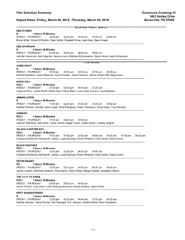 Film Schedule Summary Governors Crossing 14 1402 Hurley Drive Report Dates: Friday, March 02, 2018 - Thursday, March 08, 2018 Sevierville, TN 37862