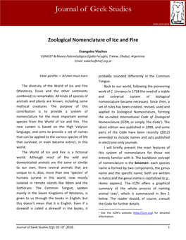 Zoological Nomenclature of Ice and Fire