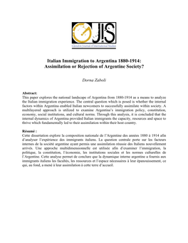 Italian Immigration to Argentina 1880-1914: Assimilation Or Rejection of Argentine Society?