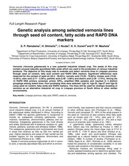 Genetic Analysis Among Selected Vernonia Lines Through Seed Oil Content, Fatty Acids and RAPD DNA Markers