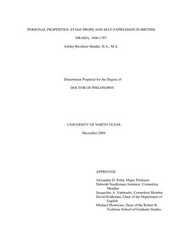 Personal Properties: Stage Props and Self-Expression in British Drama, 1600-1707