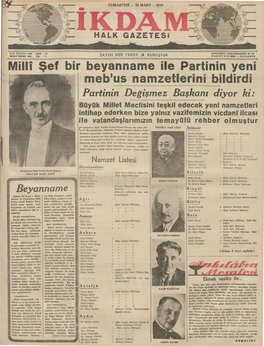 Milli Şef Bir Bey.Anname Ile Partinin Yeni Meb'us Namzetlerini Bildirdi