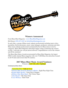 Winners Announced 2017 Blues Blast Music Award Nominees