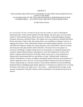 ABSTRACT by John Nyrere Frazier for Colored Girls Who Have Considered Suicide When the Rainbow Is Enuf Is a Choreopoem Performa