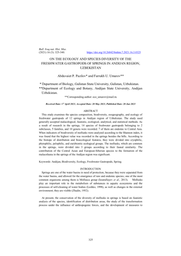 ON the ECOLOGY and SPECIES DIVERSITY of the FRESHWATER GASTROPODS of SPRINGS in ANDIJAN REGION, UZBEKISTAN Abduvaiet P. Pazilov*