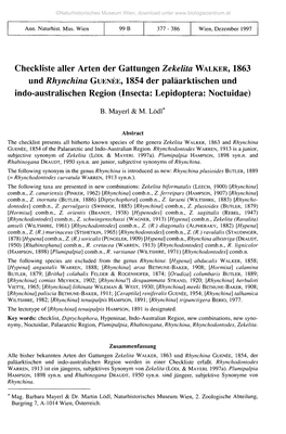 Checkliste Aller Arten Der Gattungen Zekelita WALKER, 1863 Und Rhynchina GUENÉE, 1854 Der Paläarktischen Und Indo-Australische