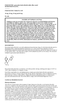 PAROXETINE TABLETS, USP 10 Mg, 20 Mg, 30 Mg and 40 Mg Rx Only