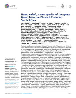 Homo Naledi, a New Species of the Genus Homo from the Dinaledi