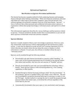 Informational Supplement Best Practices on Spyware Prevention and Detection the Internet Has Become a Popular Method for Both C