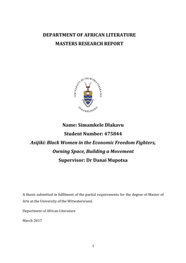 Department of African Literature Masters Research Report