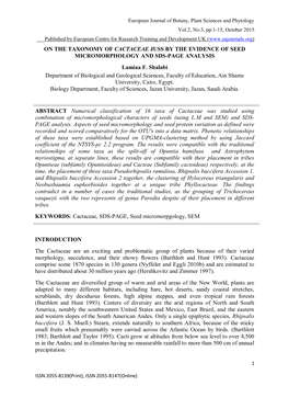 ON the TAXONOMY of CACTACEAE JUSS by the EVIDENCE of SEED MICROMORPHOLOGY and SDS-PAGE ANALYSIS Lamiaa F