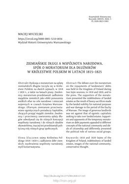 Ziemiańskie Długi a Wspólnota Narodowa. Spór O Moratorium Dla Dłużników W Królestwie Polskim W Latach 1815–1825